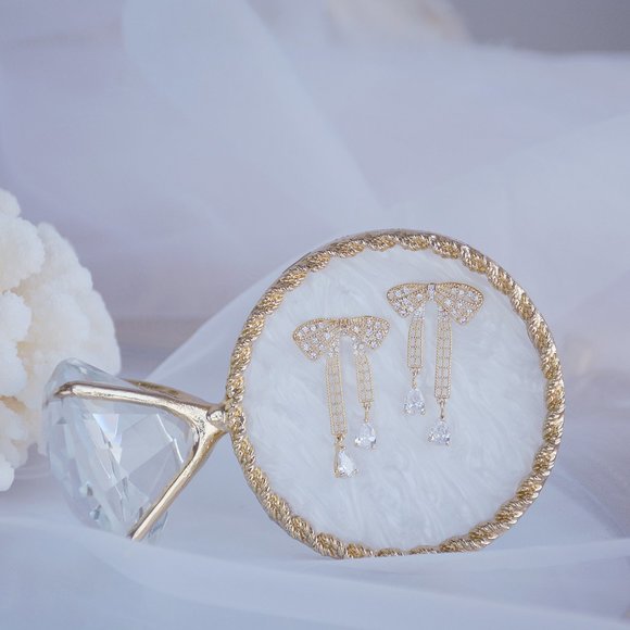 NEW 14K Gold Plated Diamond Bow Drop Earrings - Picture 5 of 5